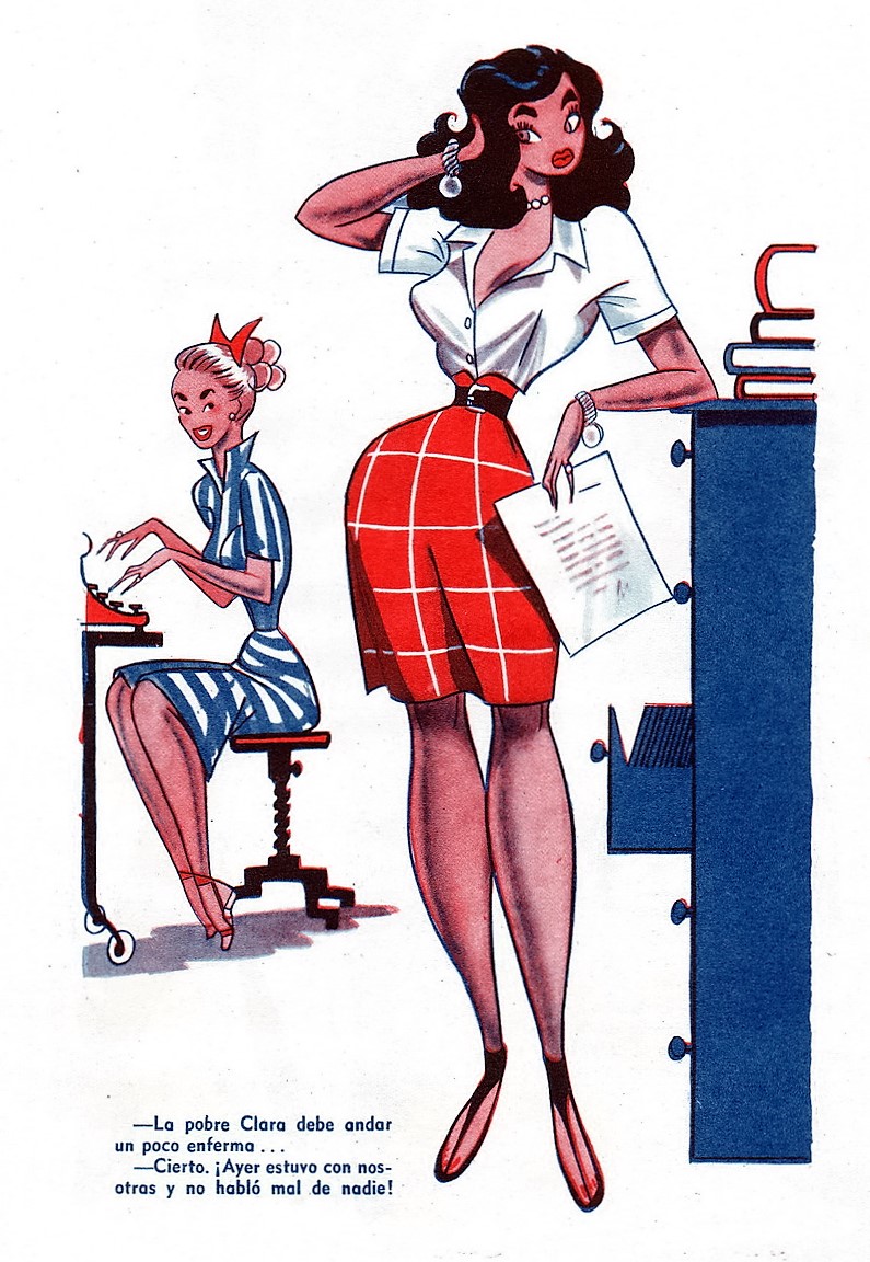Ilustración de Divito con dos mujeres de oficina vestidas con prendas de moda de mediados del siglo XX